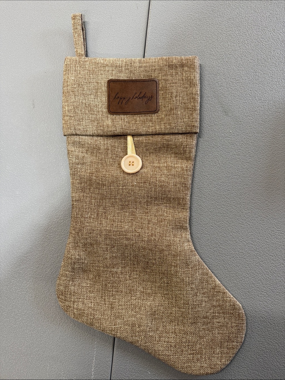 Neutral Burlap Holiday Stocking with Button Accent